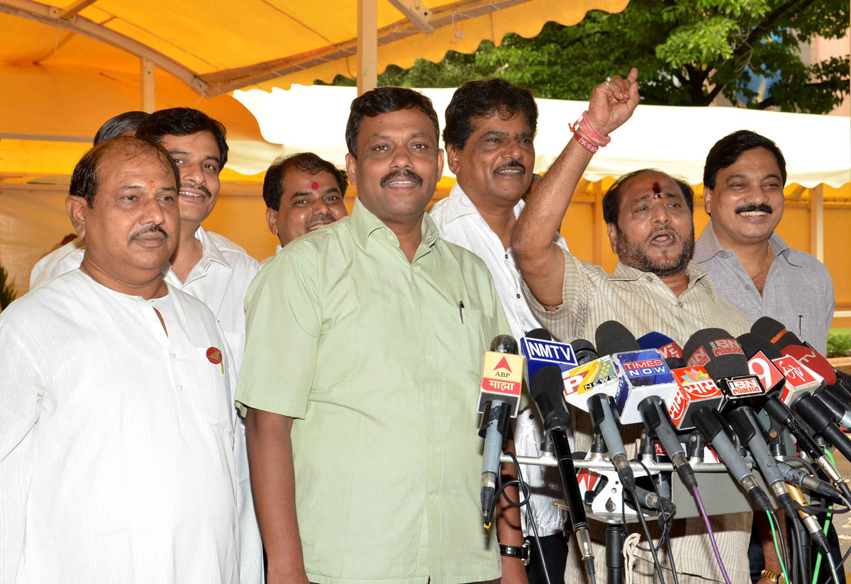 OPPOSITION LEADER VINOD TAWDE WITH SHIV SENA LEADER RAMDAS KADAM PRESS CONFERENCE AT VIDHAN BHAVAN.