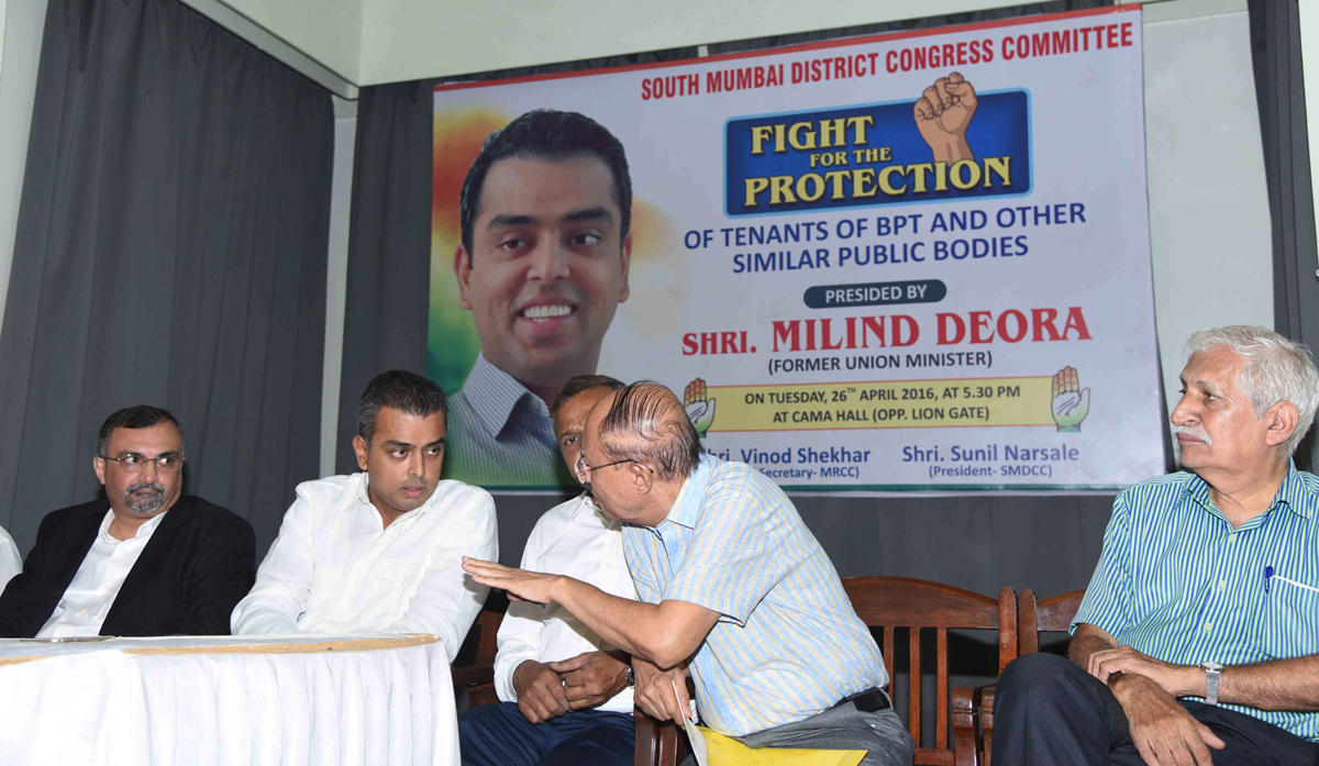 Milind Deora ( Former Union Minister) during South Mumbai District Congress Committee Fight for the Protection of Tenants of BPT & Other Similar Public Bodies meeting at Cama Hall (Opp Lion Gate).