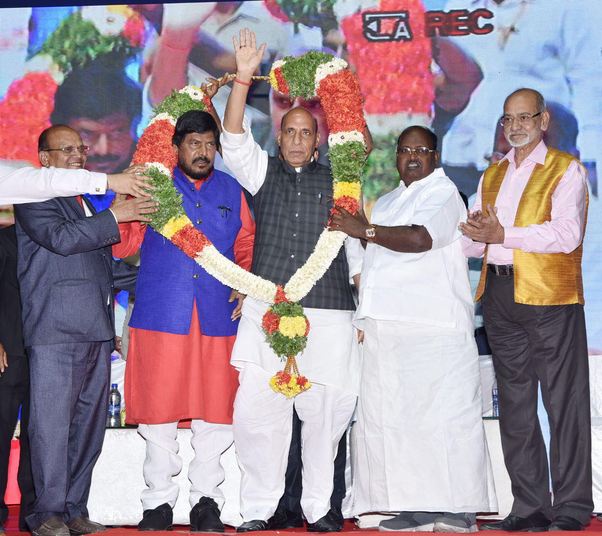 Union Minister Rajnath Singh & Union Minister of State RPI President Ramdas Athawale during RPI National Session at Talkatora Stadium.