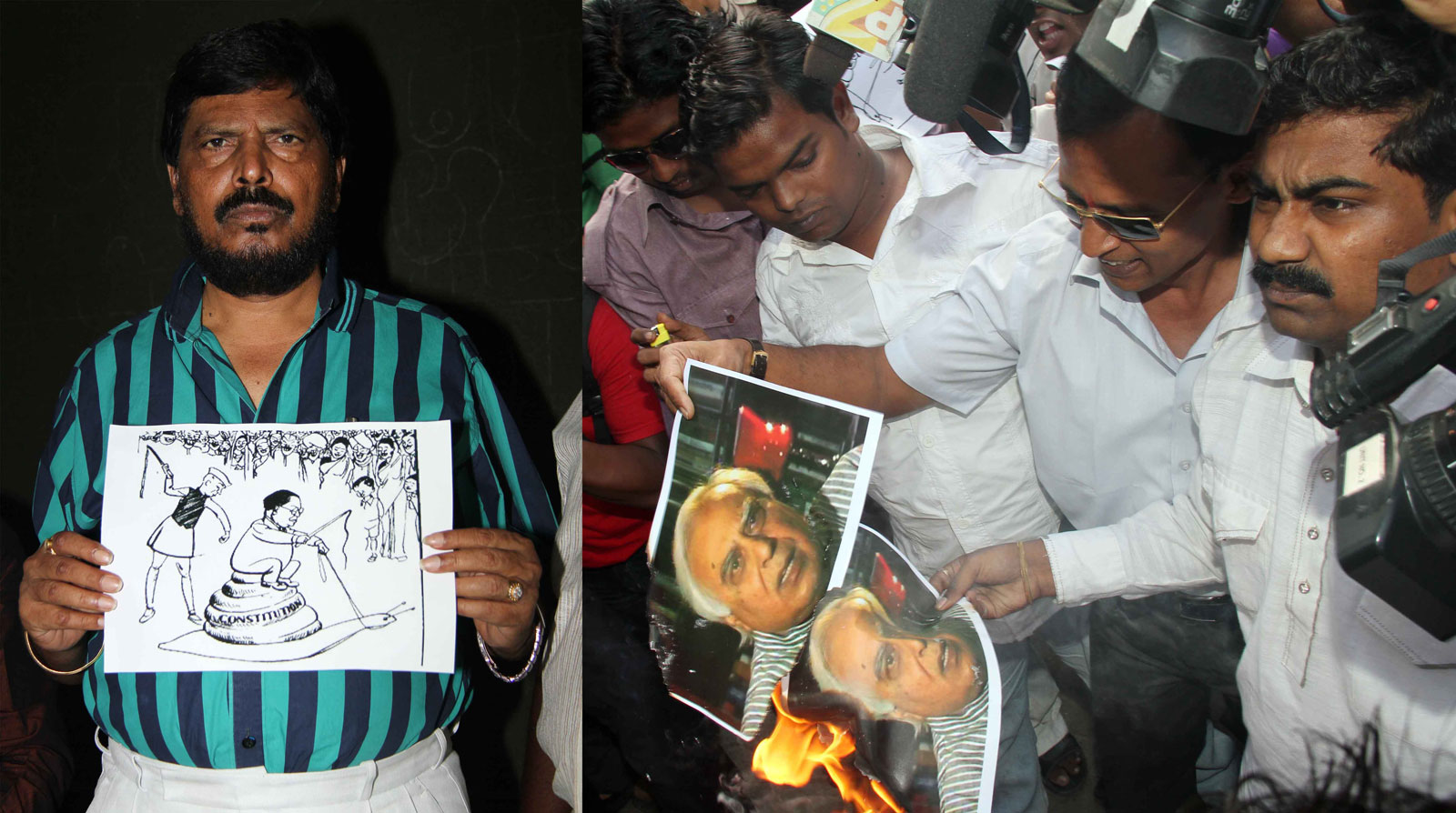 RPI RAMDAS ATHAWALE PROTEST AT MUMBAI PATRAKAR BHAVAN AGAINST CENTRAL MINISTER KAPIL SIBAL FOR NCERT BOOK CONTAINS CARTOON OF DR. B.R. AMBEDKAR.