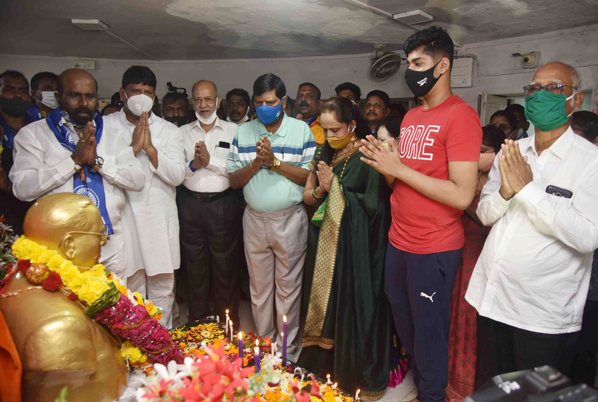 RPI Leader Ramdas Athwale with Seematai & Jeet Athawale for Abhivadan at Chaityabhumi Dadar.