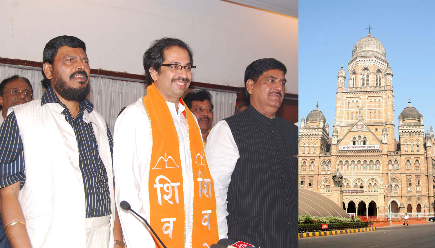 RAMDAS ATHAVLE, UDHAV THAKRE AND GOPINATH MUNDE IN PRESS CONFERENCE AT RANG SHARDA HALL AT BANDRA.