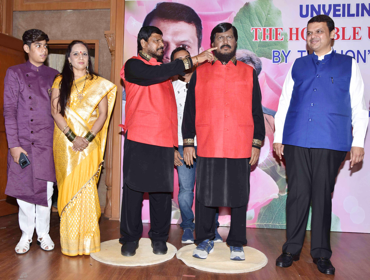 RPI Leader Ramdas Athawale Wax Statue unveiled by Chief Minister Devendra Fadnavis at Sahyadri Guest House (2) Mumbai Congress Protest as 'Save Democracy Day".