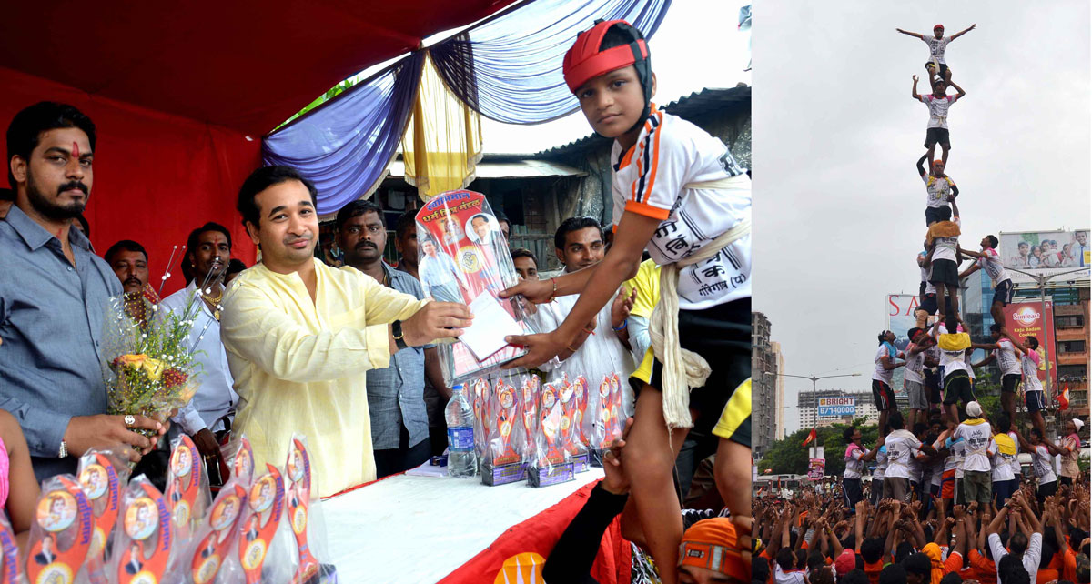 SWABHIMAAN SANGHATANA PRESIDENT NITESH NARAYANRAO RANE DURING GOVINDA FESTIVAL IN MUMBAI.