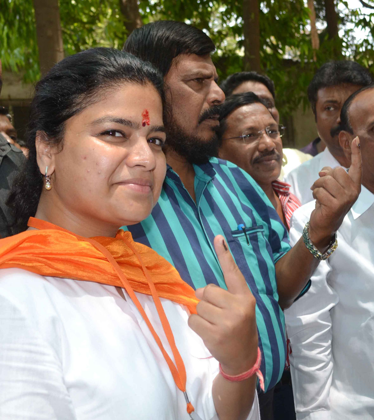 MP.Candidate Poonam Mahajan along with RPI Leader Ramdas Athawale  at Voting centre in Bandra.