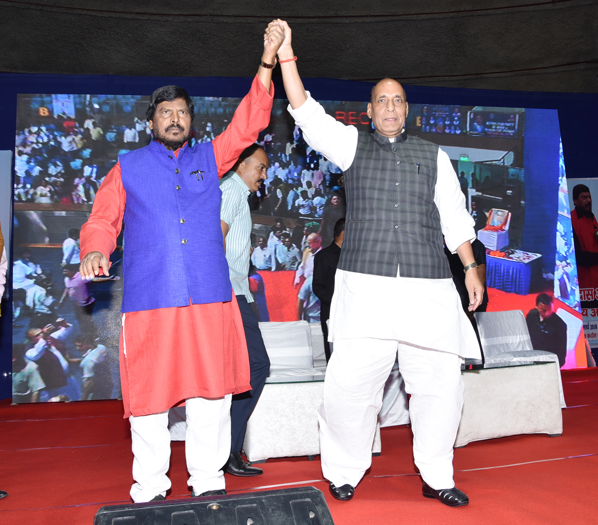 Union Minister Rajnath Singh & Union Minister of State RPI President Ramdas Athawale during RPI National Session at Talkatora Stadium.