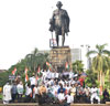 Congress Party MPCC/MRCC Leaders Protest near Gandhi Statue at Mantralaya on*Preventing Rahul Gandhi and Priyanka Gandhi from going to Hathras is an act of oppression by the UP Govt: