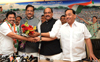 CHIEF MINISTER PRITHVIRAJ CHAVAN,MPCC PRESIDENT MANIKRAO THAKRE,MINISTER NARAYRNRAO RANE WELCOMED TO NCP LEADER SANDESH PARKAR JOINT CONGRESS PARTY AT GANDHI BHAVAN.