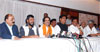 RAMDAS ATHAVLE, UDHAV THAKRE AND GOPINATH MUNDE IN PRESS CONFERENCE AT RANG SHARDA HALL AT BANDRA.