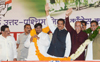 CHIEF MINISTER PRITHVIRAJ CHAVAN,MUMBAI CONGRESS PRESIDENT JANARDHAN CHANDURKAR ,MP & EX. UNION MINISTER GURUDAS KAMAT DURING MUMBAI NORTH WEST DISTRICT CONGRESS COMMITTEE CONGRESS WORKERS SAMMELAN AT ANDHERI SPORTS COMPLEX.